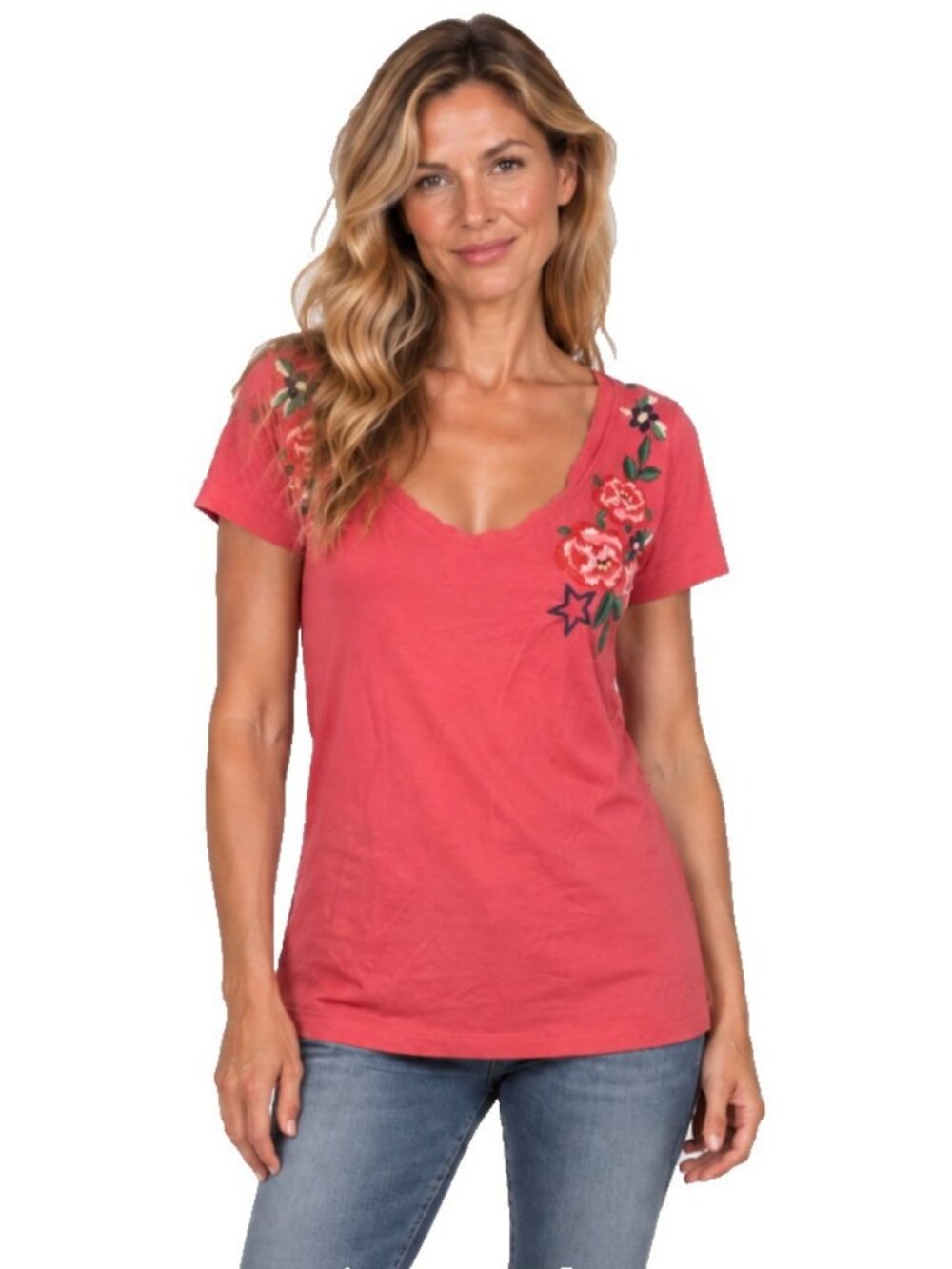 Johnny Was JWLA Pink Floral Embroidered Spirit 76 Short Sleeve T-Shirt M Medium